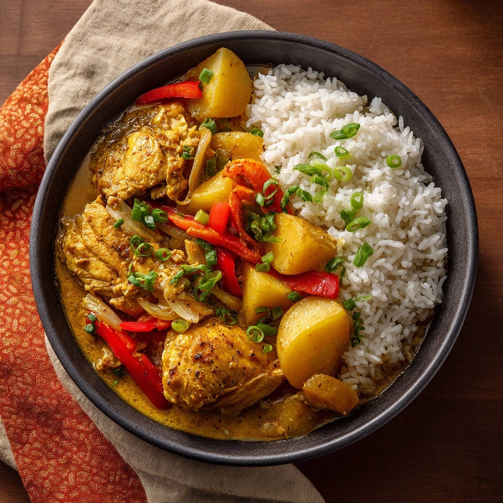 Cremiges Kokos Huhn Curry Mit Kartoffeln Draufsicht 1 Cremiges Kokos-Hähnchen-Curry mit Kartoffeln aus der Vogelperspektive, serviert mit Reis, Kartoffeln und Paprika in einer Schüssel.
