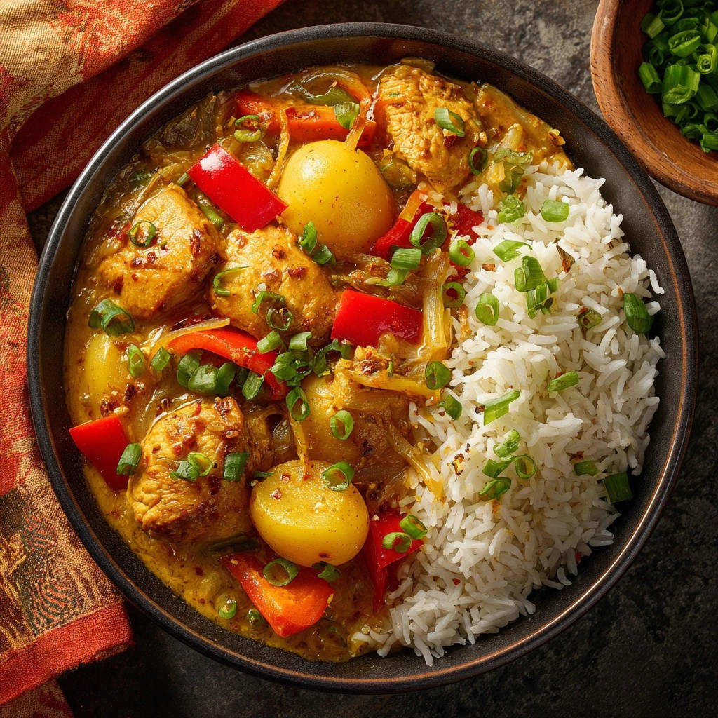 Cremiges Kokos-Hähnchen-Curry mit Kartoffeln, serviert in einer dunklen Schüssel, garniert mit frischen Kräutern und Reis.