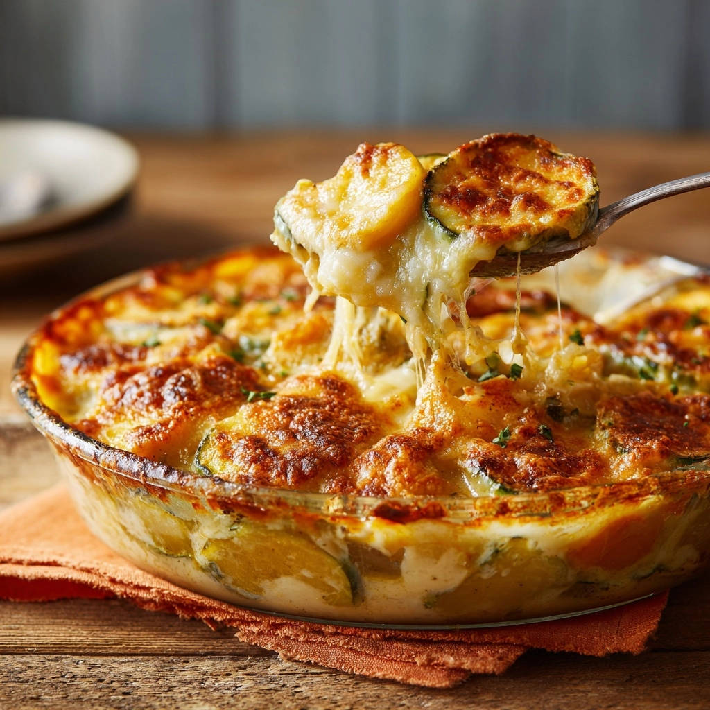 Cremiges Zucchini-Kartoffel-Gratin in Nahaufnahme, wobei der geschmolzene Käse von einer Gabel gezogen wird, was die Cremigkeit zeigt.