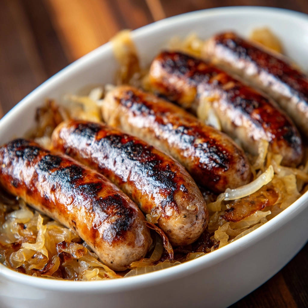 Deftige Bratwürste auf Zwiebelbett in einer Nahaufnahme, die die knusprige Oberfläche der Würste und das Zwiebelbett zeigt.