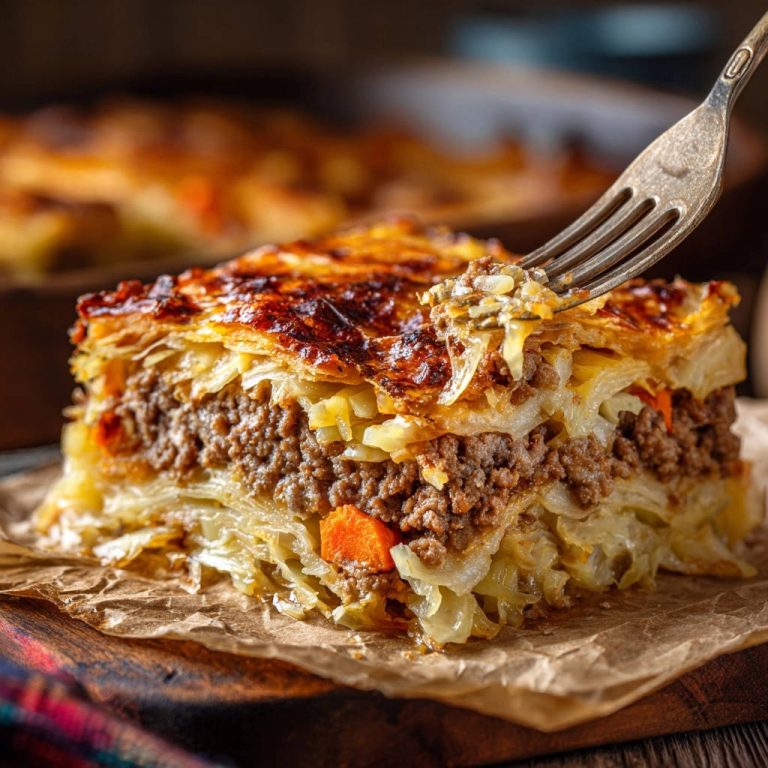 Deftiger Kohl-Hack-Auflauf präsentiert einen appetitlichen Querschnitt, der die geschichteten Zutaten und die knusprige Haube zeigt.