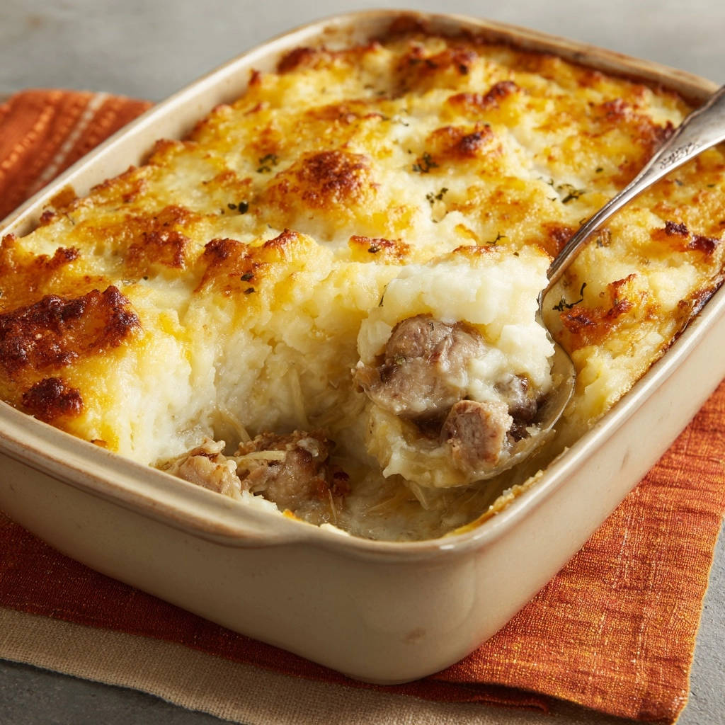 Deftiger Kraut Fleisch Gratin Querschnitt 1 Deftiger Kraut-Fleisch-Gratin mit einem Löffel entnommen, der die saftige Fleisch- und Krautfüllung sowie die cremige Kartoffelhaube zeigt.