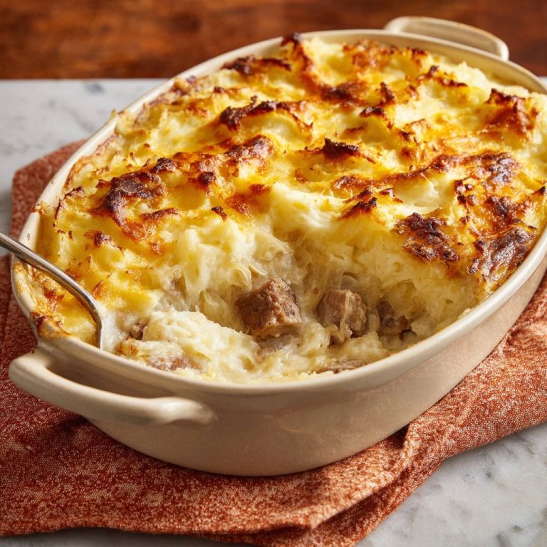 Deftiger Kraut-Fleisch-Gratin zeigt einen appetitlichen Querschnitt. Der Auflauf offenbart die Schichten aus Kraut, Fleisch und Kartoffelpüree.