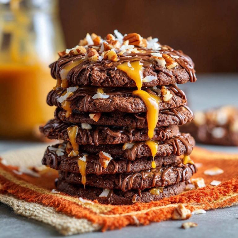 Dekadente Schoko-Pekannuss-Cookies mit Kokos und Karamell, gestapelt und mit geschmolzener Schokolade und Karamellsauce beträufelt. Diese dekadenten Kekse sind ein Genuss.