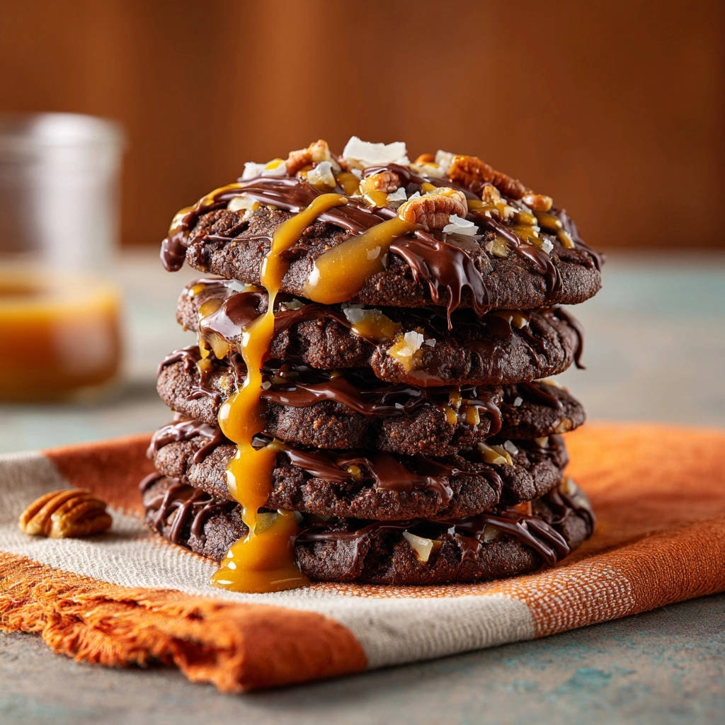 Dekadente Schoko-Pekannuss-Cookies mit Kokos und Karamell in Nahaufnahme: Geschmolzene Schokolade und Karamell fließen über den Stapel frisch gebackener Kekse.