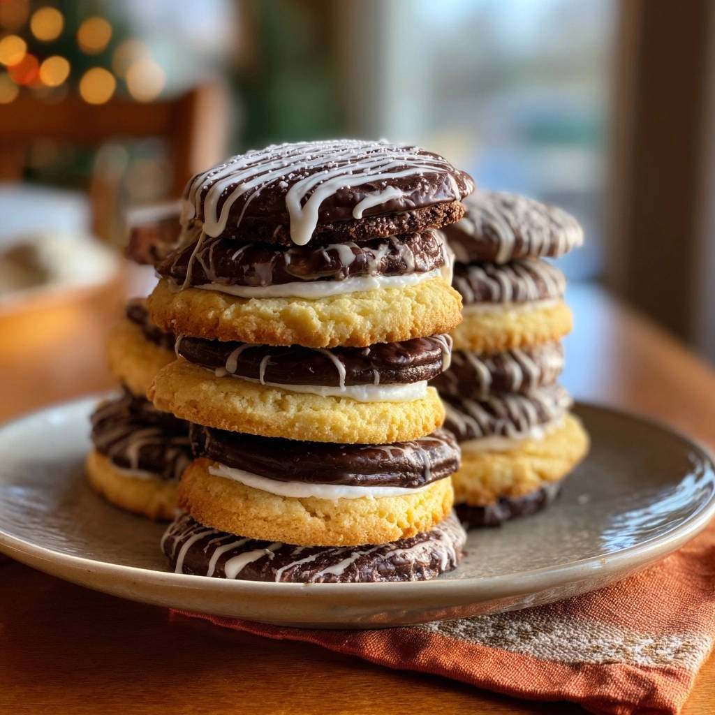 Festliche Whoopie Pie Türme sind hoch gestapelt und in einer Nahaufnahme zu sehen, mit leckeren Schokoladen- und Vanille-Schichten.