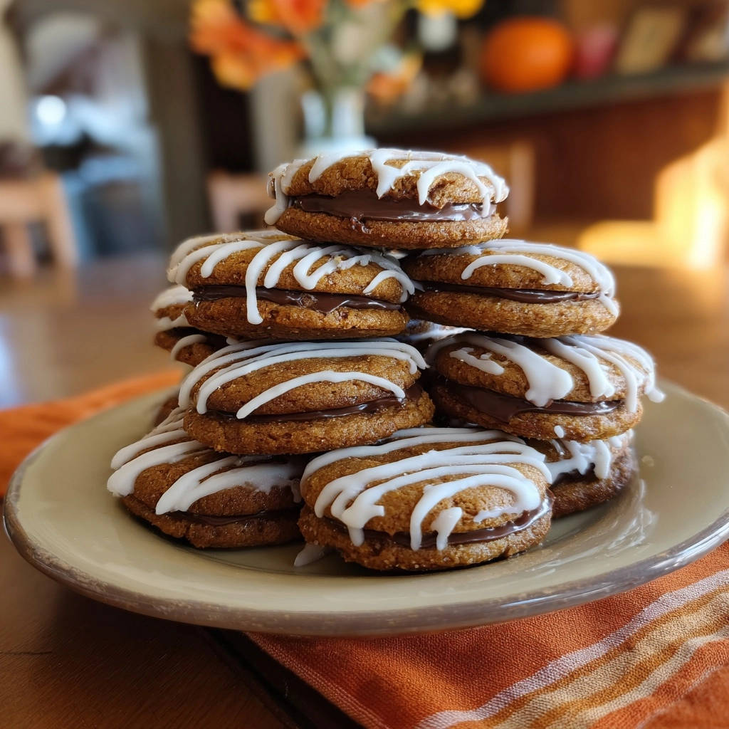 Festliche Whoopie Pie Türme, gestapelt auf einem Teller, präsentieren sich mit cremiger Schokoladenfüllung und Zuckerguss.