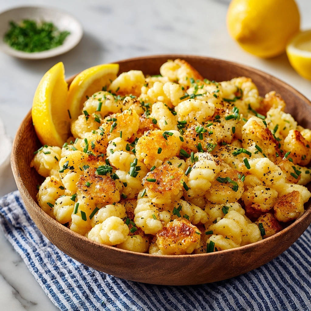 Goldbraune Gnocchi mit Zitrone und Parmesan serviert in einer Holzschale, garniert mit frischen Kräutern und Zitrone.
