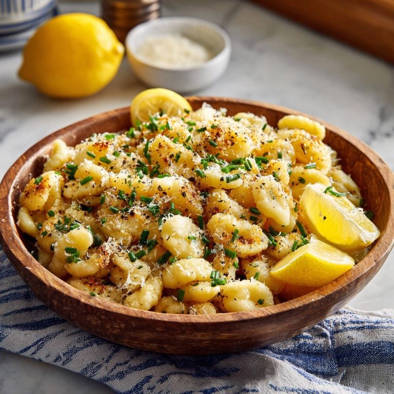 Goldbraune Gnocchi mit Zitrone und Parmesan serviert in einer rustikalen Holzschale, garniert mit frischen Kräutern und Zitronenspalten.