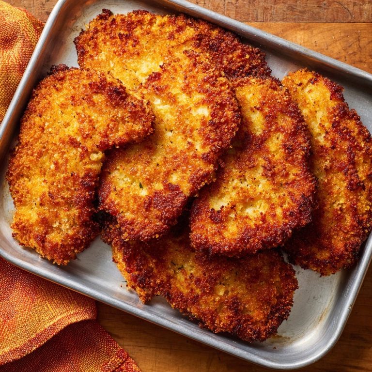 Goldbraune Hähnchenschnitzel, von oben betrachtet, liegen appetitlich in einer silbernen Auflaufform und zeigen eine knusprige Panade.