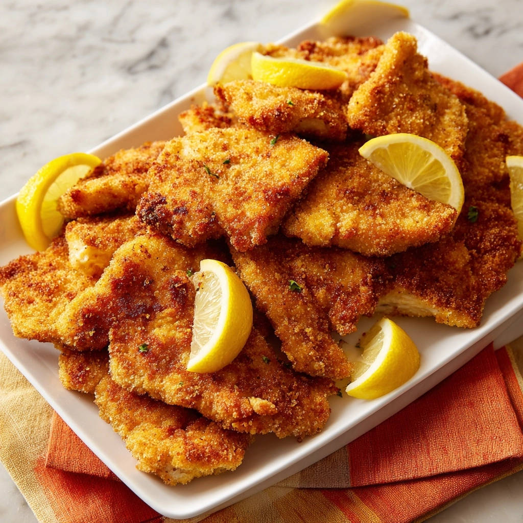 Goldbraune Hähnchenschnitzel, knusprig gebraten, draufsicht von oben mit frischen Zitronenscheiben garniert und serviert.