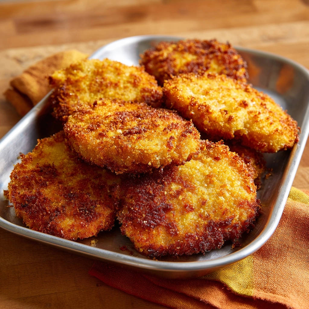 Goldbraune Haehnchenschnitzel Nahaufnahme 1 Goldbraune Hähnchenschnitzel in Nahaufnahme auf einem metallischen Serviertablett drapiert, die knusprige Panade zeigt.