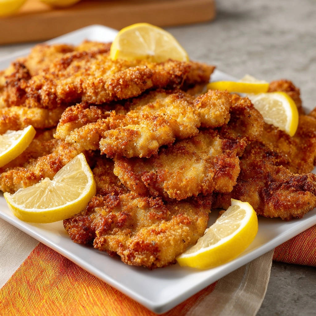 Goldbraune Hähnchenschnitzel serviert auf einem weißen Teller, garniert mit frischen Zitronenscheiben. Das knusprige Hähnchen ist perfekt zubereitet und hat eine goldbraune Panade.