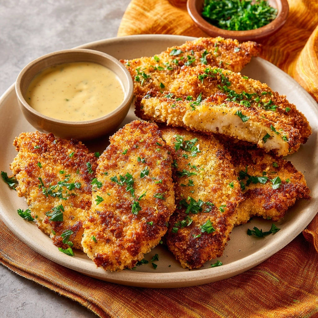 Goldbraune Knusperfilets mit goldbrauner Panade. Eine Nahaufnahme zeigt den saftigen Fisch im Inneren, garniert mit frischer Petersilie.