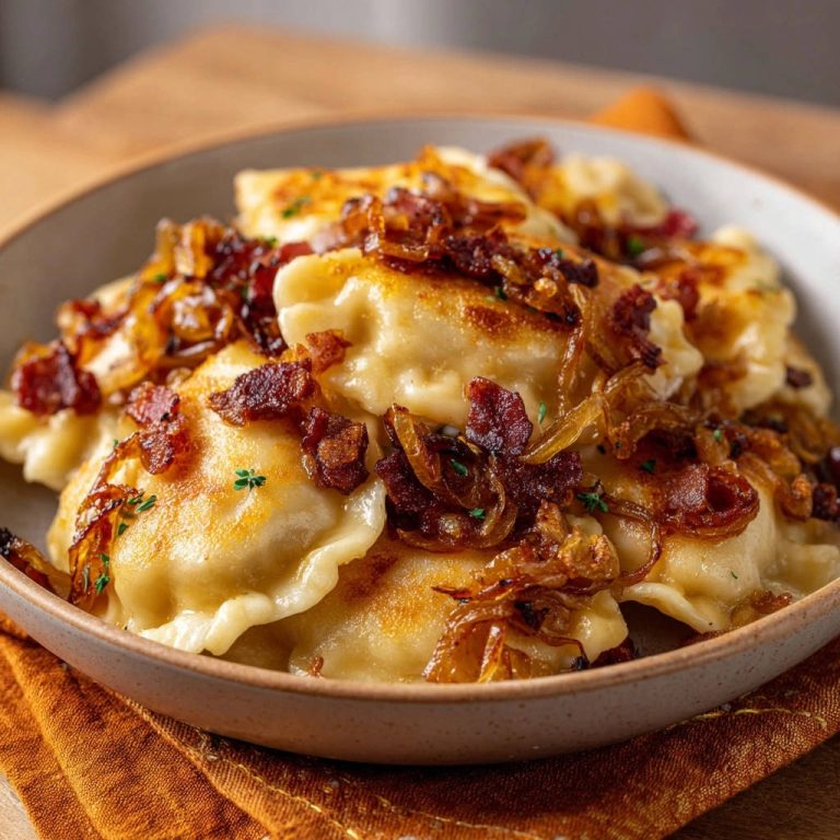 Goldbraune Pierogi mit karamellisierten Zwiebeln und knusprigem Bacon in einer Nahaufnahme, serviert in einer rustikalen Schüssel.