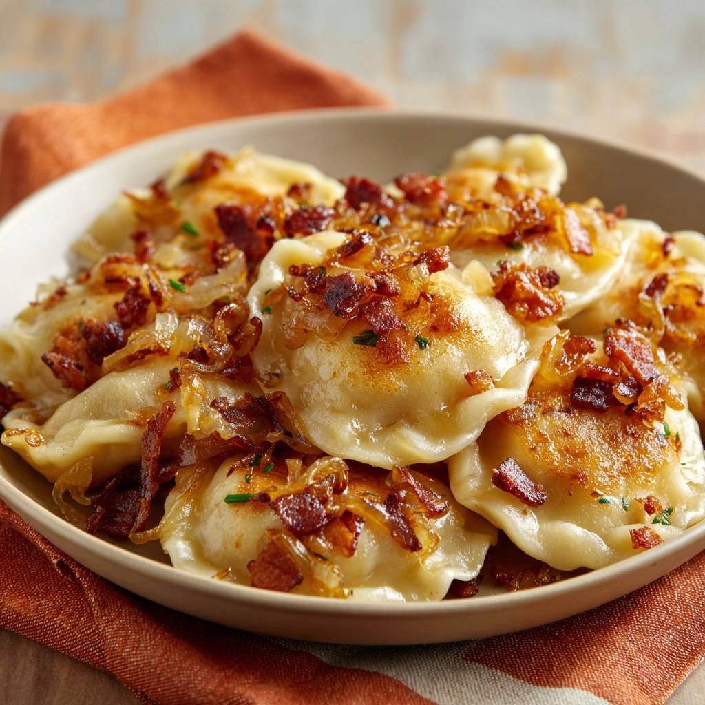 Goldbraune Pierogi mit karamellisierten Zwiebeln und knusprigem Bacon in einer Nahaufnahme, serviert in einer rustikalen Schüssel.