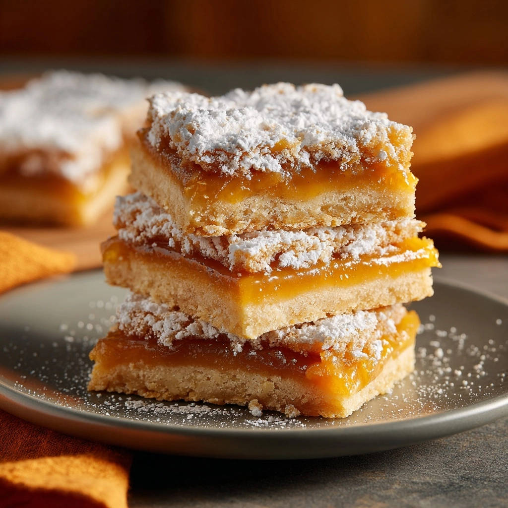 Goldene Aprikosen Crumble Bars Gestapelt 1 Goldene Aprikosen-Crumble-Bars, gestapelt auf einem Teller, zeigen die knusprige Kruste und die fruchtige Füllung im Nahaufnahme-Querschnitt.