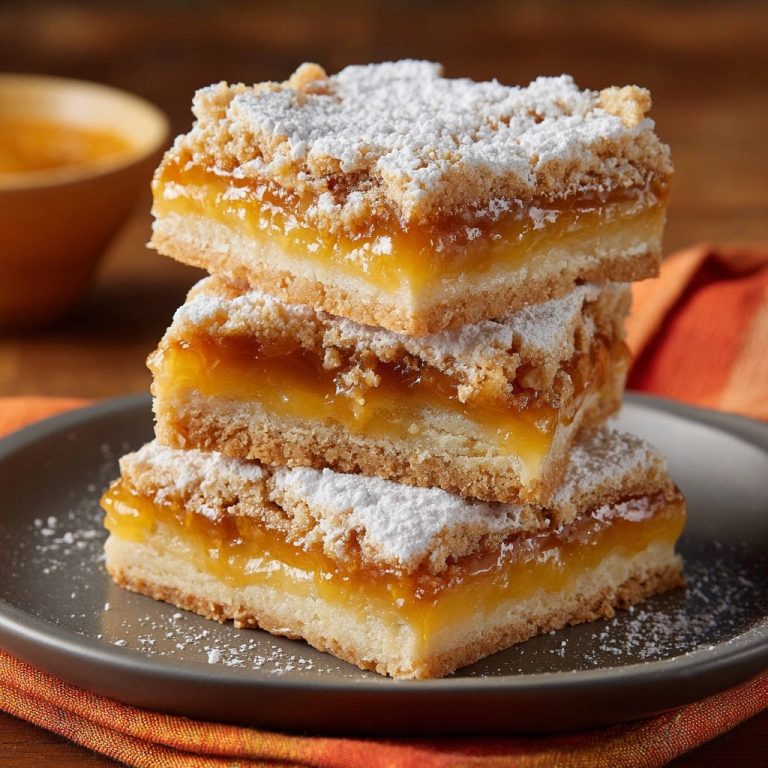 Goldene Aprikosen-Crumble-Bars sind hier gestapelt auf einem grauen Teller zu sehen und mit Puderzucker bestäubt.