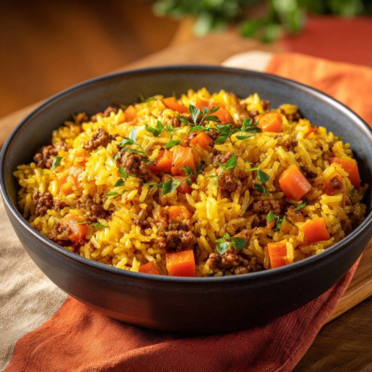 Goldener Hackfleisch-Reistopf in einer dunklen Schüssel serviert, garniert mit frischen Kräutern, mit saftigen Karottenstücken und Hackfleisch.