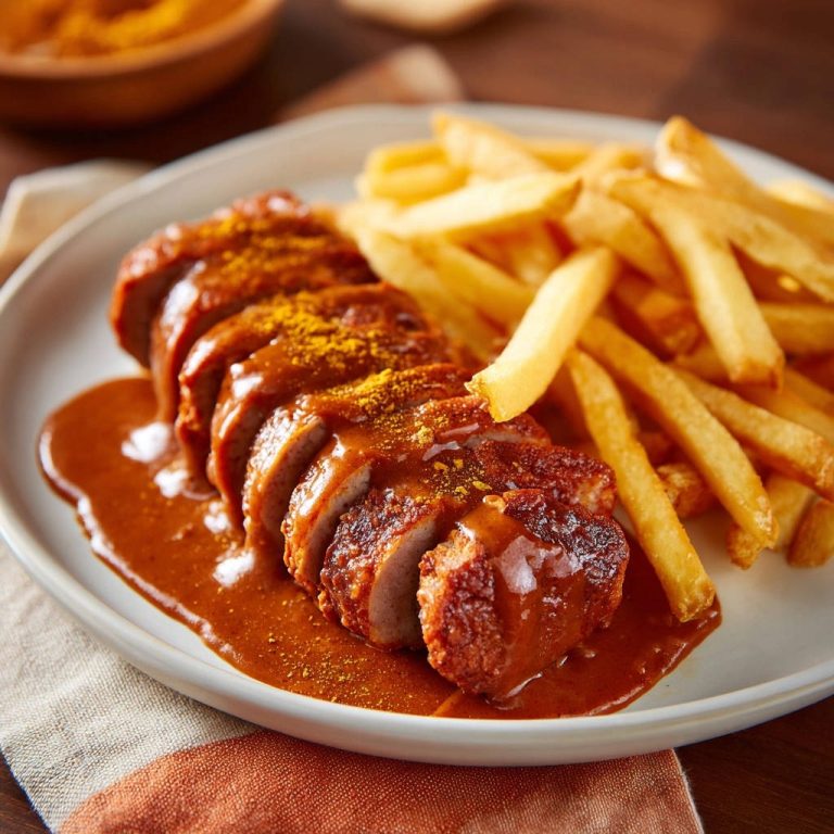 Hausgemachte Currywurst mit Pommes serviert auf einem Teller. Die Wurst ist in Scheiben geschnitten und mit Curry-Sauce bedeckt.