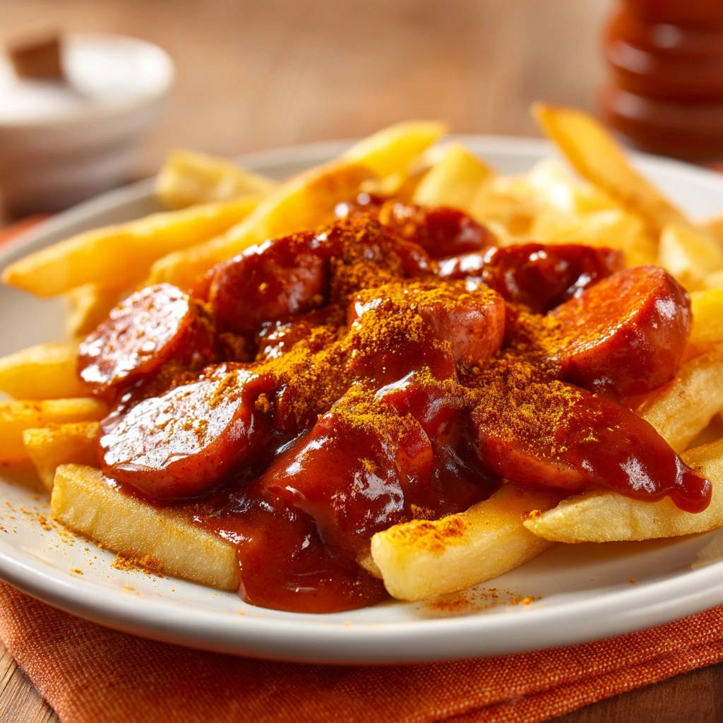 Hausgemachte Currywurst mit Pommes serviert auf einem Teller, bedeckt mit Currypulver und reichlich Sauce. Das Gericht ist ein beliebter Imbiss in Deutschland.
