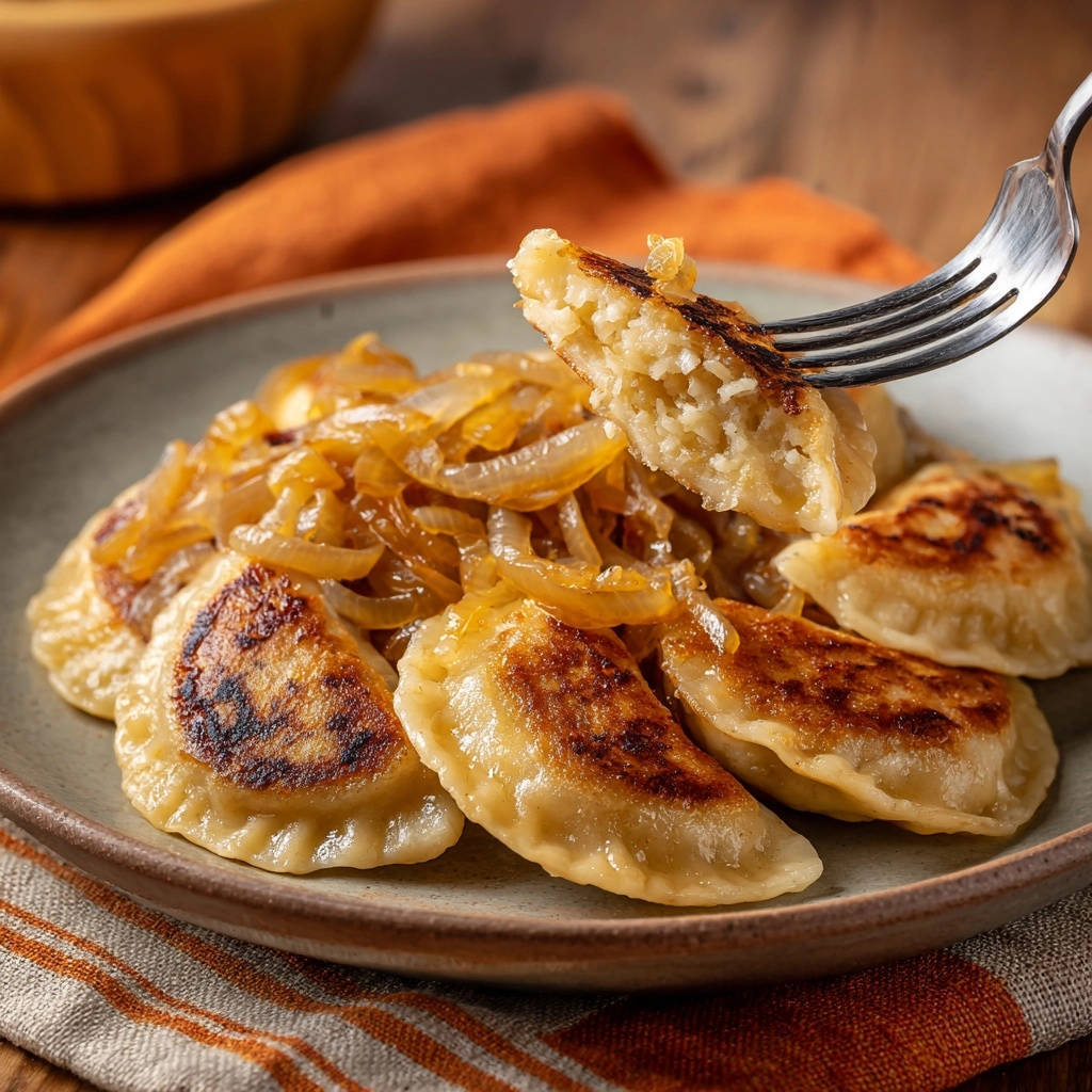 Hausgemachte Kartoffel Pierogi Querschnitt Gabel 1 Hausgemachte Kartoffel-Pierogi, eine Gabel hält ein Stück mit Kartoffelfüllung und karamellisierten Zwiebeln, serviert auf einem rustikalen Teller.