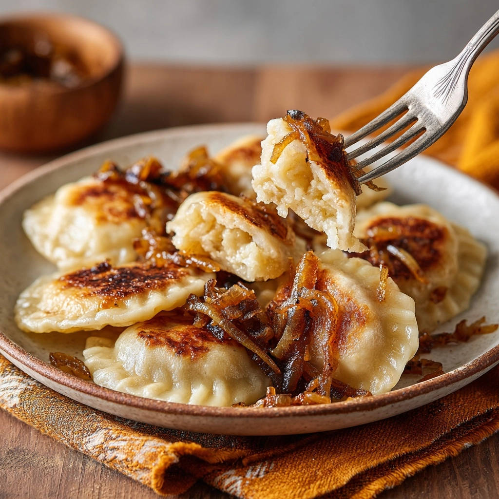 Hausgemachte Kartoffel-Pierogi, im Querschnitt gezeigt. Die goldbraun gebratenen Teigtaschen sind mit karamellisierten Zwiebeln belegt.