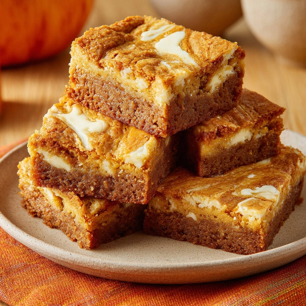 Herbstliche Swirl Blondies Gestapelt Nahaufnahme 1 Herbstliche Swirl-Blondies in Nahaufnahme, gestapelt auf einem Teller, zeigen die cremige Käse-Swirls und die saftige Textur der Brownies.