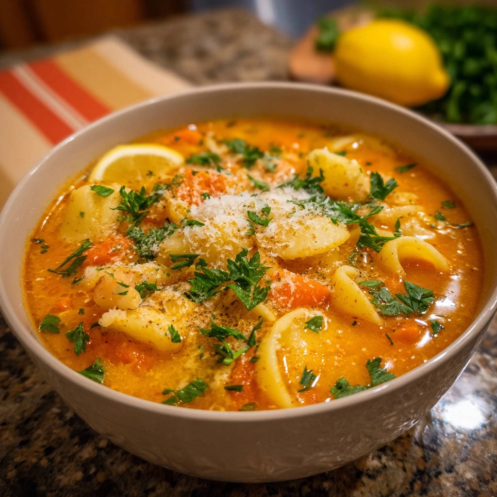 Herzhafte cremige Nudel-Gemüse-Suppe in Nahaufnahme, garniert mit frischer Petersilie, Parmesan und einer Zitronenscheibe. Die cremige Suppe ist perfekt al dente!
