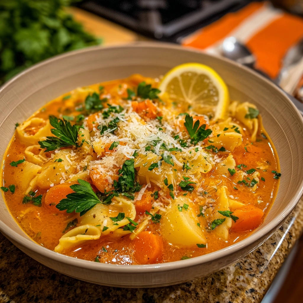 Herzhafte cremige Nudel-Gemüse-Suppe serviert in einer Schüssel, garniert mit frischer Petersilie, Parmesan und einer Zitronenscheibe.