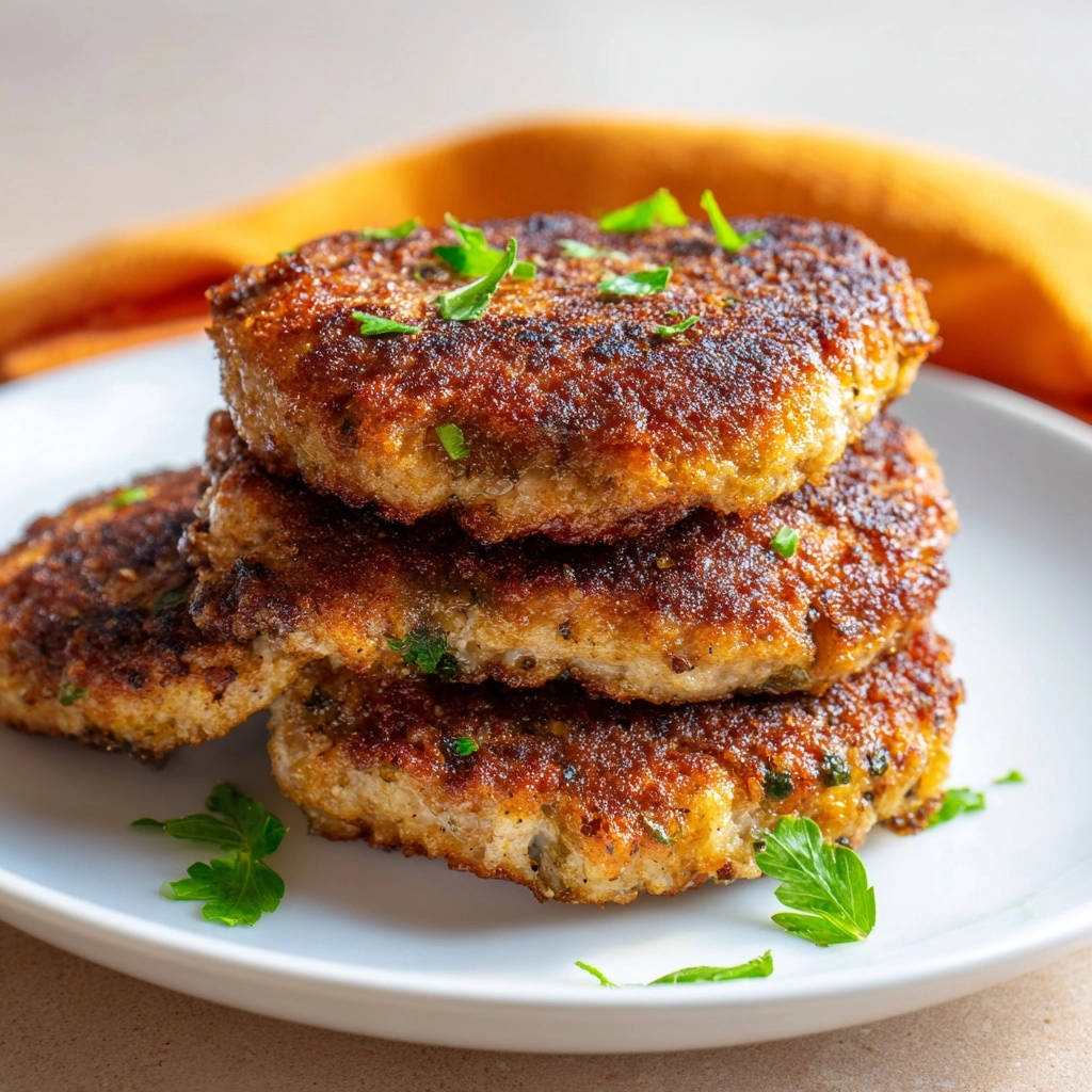 Herzhafte Hackfleisch-Patties sind auf einem weißen Teller gestapelt. Diese Nahaufnahme zeigt die goldbraune, knusprige Textur der Patties und frische Kräuter.