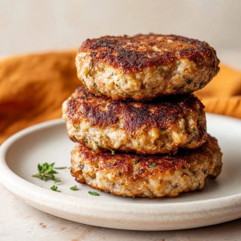 Herzhafte Hackfleisch-Patties auf einem Teller gestapelt, mit knuspriger Kruste und Kräutern garniert, serviert in Nahaufnahme.