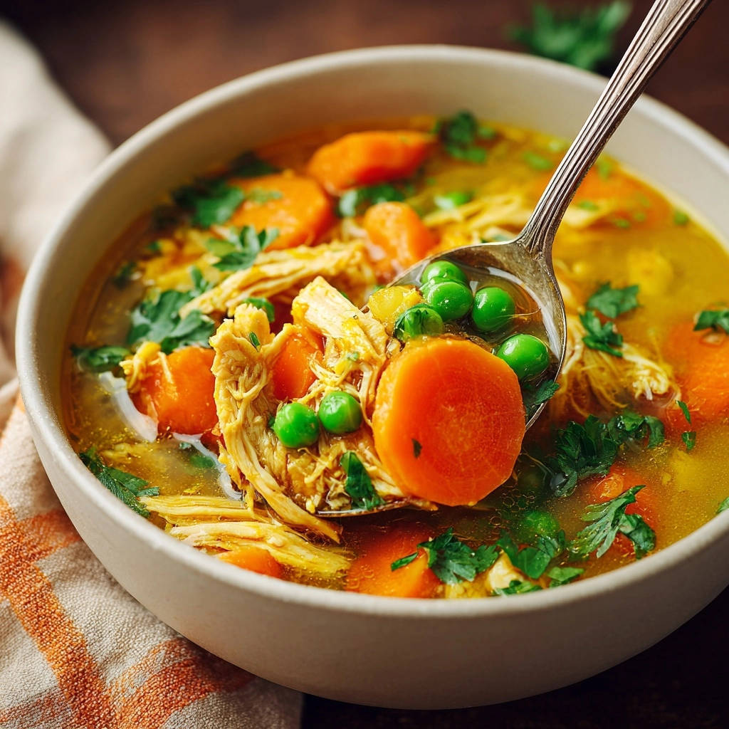Herzhafte Hühnersuppe in Nahaufnahme, serviert in einer Schüssel mit einem Löffel voll Gemüse und Hähnchen. Die goldene Brühe ist dampfend.