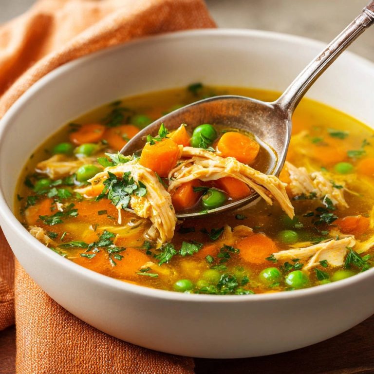 Herzhafte Hühnersuppe in Nahaufnahme, serviert in einer weißen Schüssel, mit einem Löffel voller Hähnchen, Karotten und Erbsen.