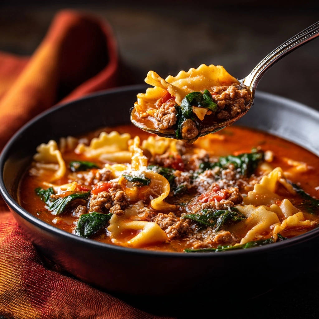 Herzhafte Lasagne-Suppe in einer Nahaufnahme, die einen Löffel voller Nudeln, Hackfleisch und Spinat zeigt, die zum Verzehr bereit sind.