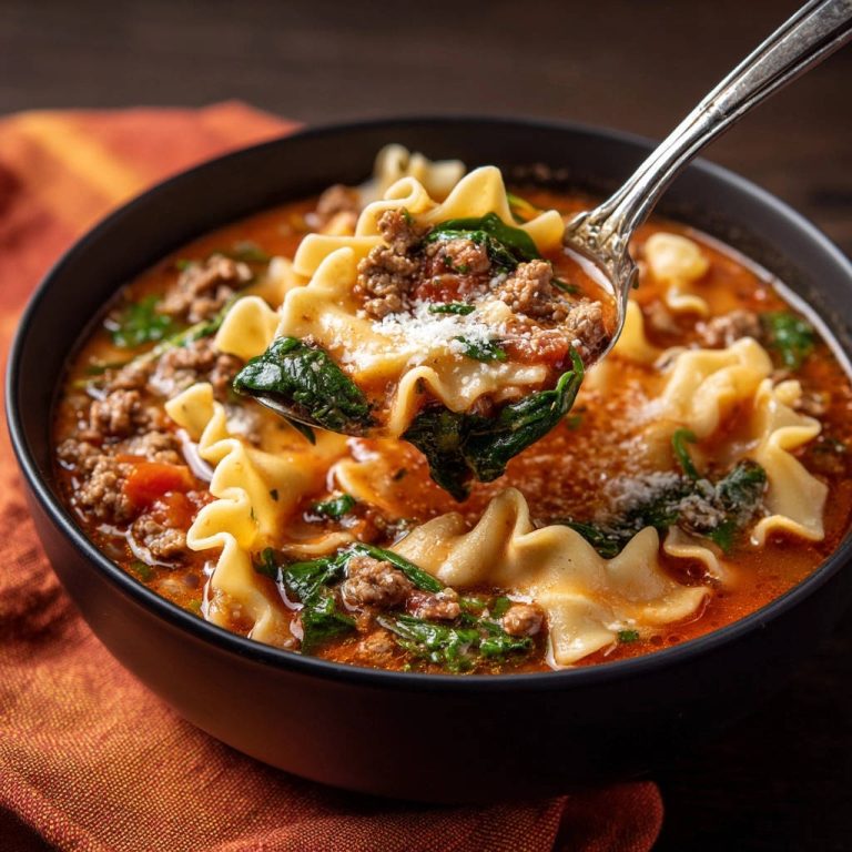 Herzhafte Lasagne-Suppe mit Nudeln, Hackfleisch und Spinat, serviert in einer schwarzen Schüssel mit einem Löffel.