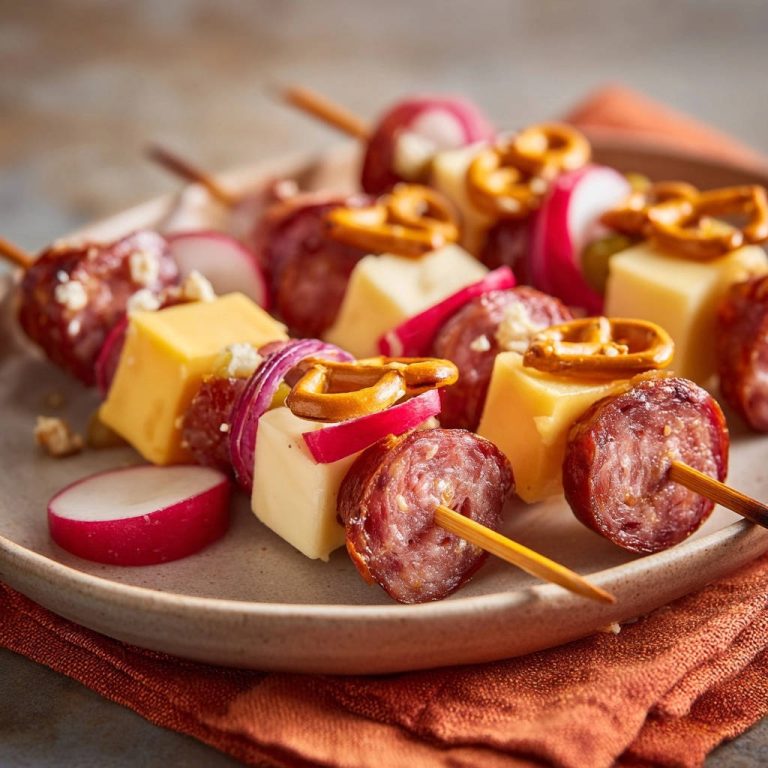 Herzhafte Spießchen für den Snack-Abend in Nahaufnahme, auf einem Teller serviert. Die Spieße sind mit Käse, Wurst, Radieschen und Brezeln garniert.