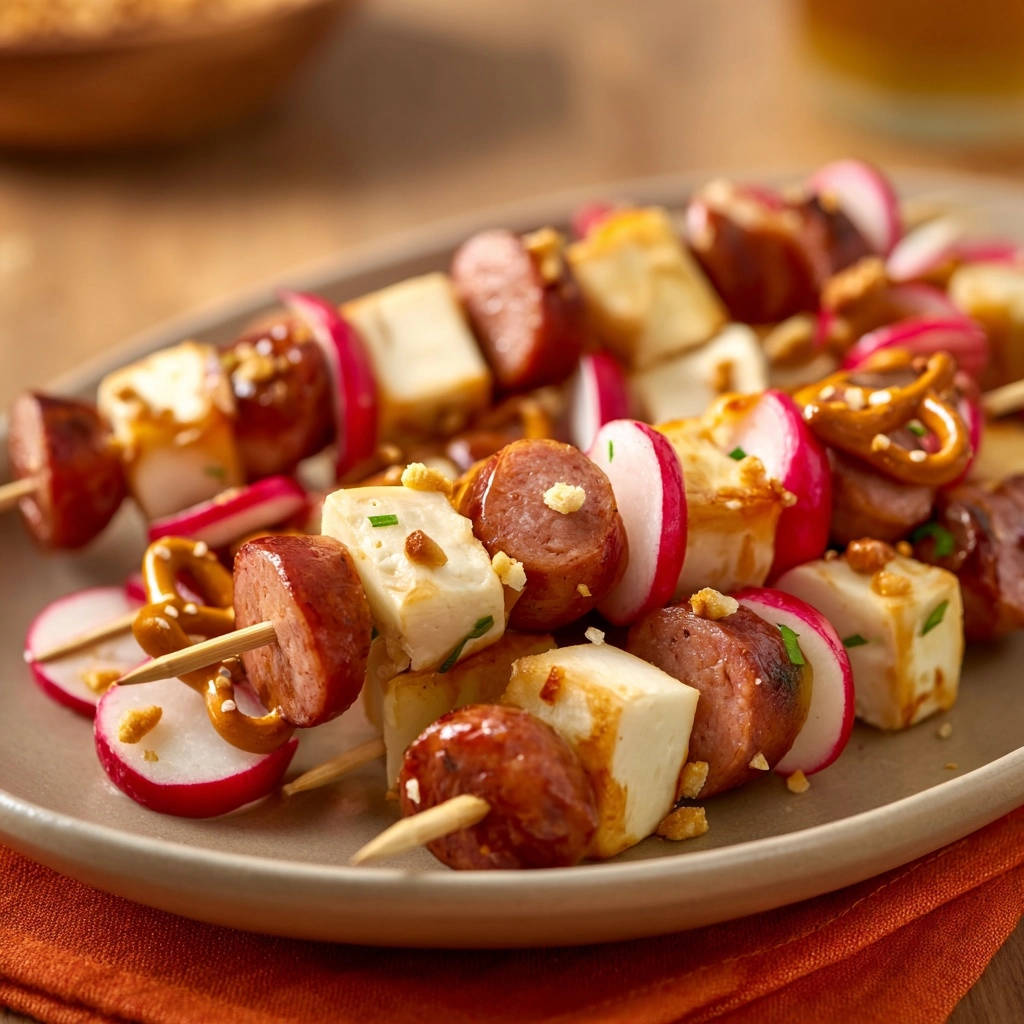 Herzhafte Spiesschen Snackabend Nahaufnahme 1 Herzhafte Spießchen für den Snack-Abend in Nahaufnahme serviert, mit Wurst, Käse, Radieschen und Brezeln auf Spießen. Ein appetitlicher Snack für den gemütlichen Abend.