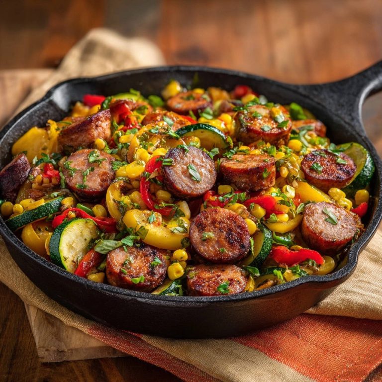 Herzhafte Wurst-Gemüse-Pfanne in einer gusseisernen Pfanne, detailreiche Nahaufnahme mit Wurst, Gemüse und frischen Kräutern.