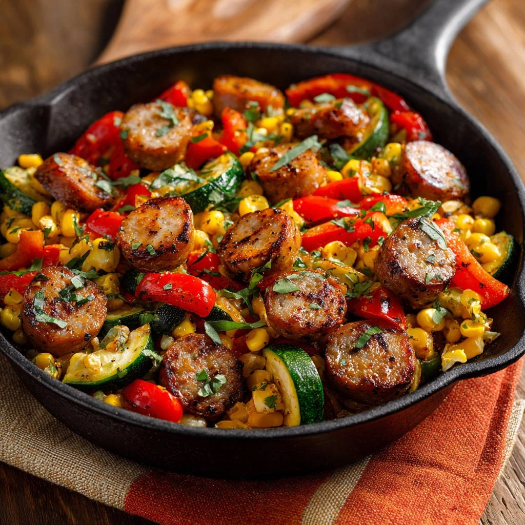 Herzhafte Wurst Gemuese Pfanne Von Oben 1 Herzhafte Wurst-Gemüse-Pfanne in einer gusseisernen Pfanne, draufsicht auf das Gericht mit Wurstscheiben, Gemüse und frischen Kräutern.