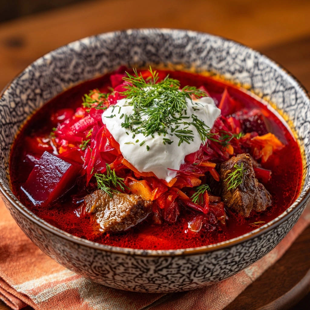 Herzhafter Borschtsch mit Rindfleisch, serviert in einer Schüssel, mit einem Klecks saurer Sahne und frischem Dill garniert.