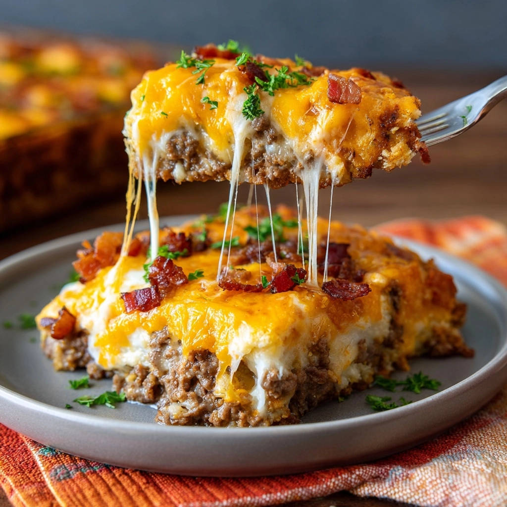 Herzhafter Hackfleisch-Kartoffel-Auflauf im Nahaufnahme-Querschnitt, mit geschmolzenem Käse und knusprigem Speck serviert. Ein herzhaftes Gericht zum Genießen.