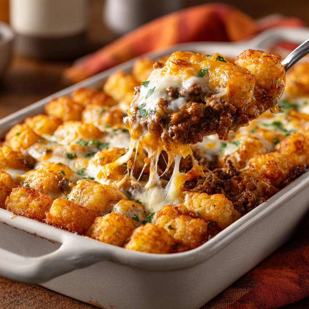 Herzhafter Hackfleisch-Tots-Auflauf, serviert auf einem Löffel, mit geschmolzenem Käse und knusprigen Tater Tots. Ein herzhaftes Gericht zum Genießen.
