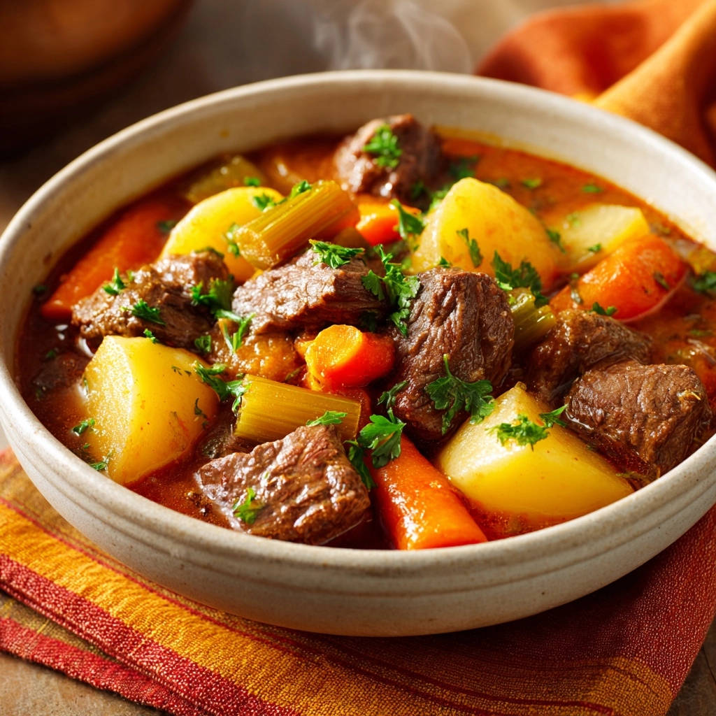 Herzhafter Rindergulasch-Eintopf in einer Nahaufnahme, dampfend heiß serviert. Die köstlichen Fleischstücke, Kartoffeln und Karotten laden zum Genießen ein.