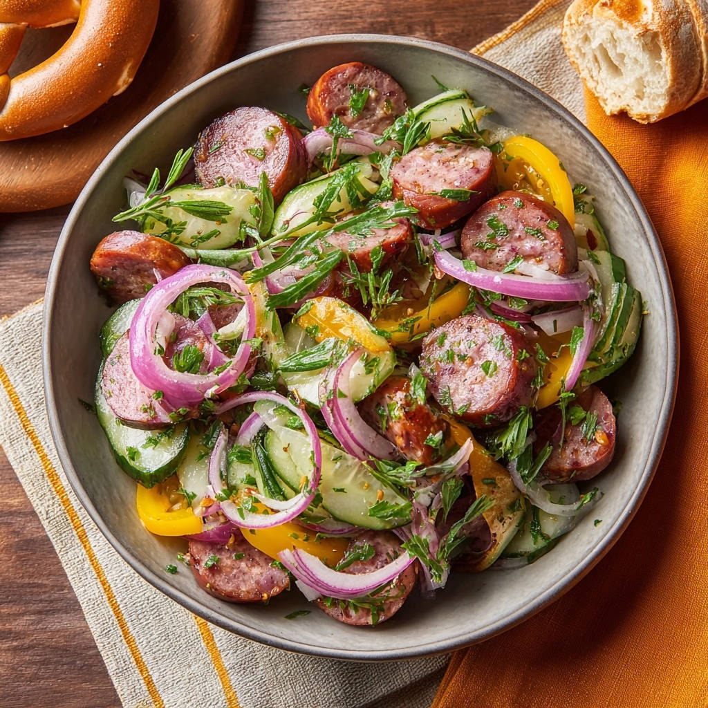Herzhafter Wurstsalat mit Sommergemüse in einer Schüssel von oben gesehen, mit frischen Zutaten und Brot serviert.