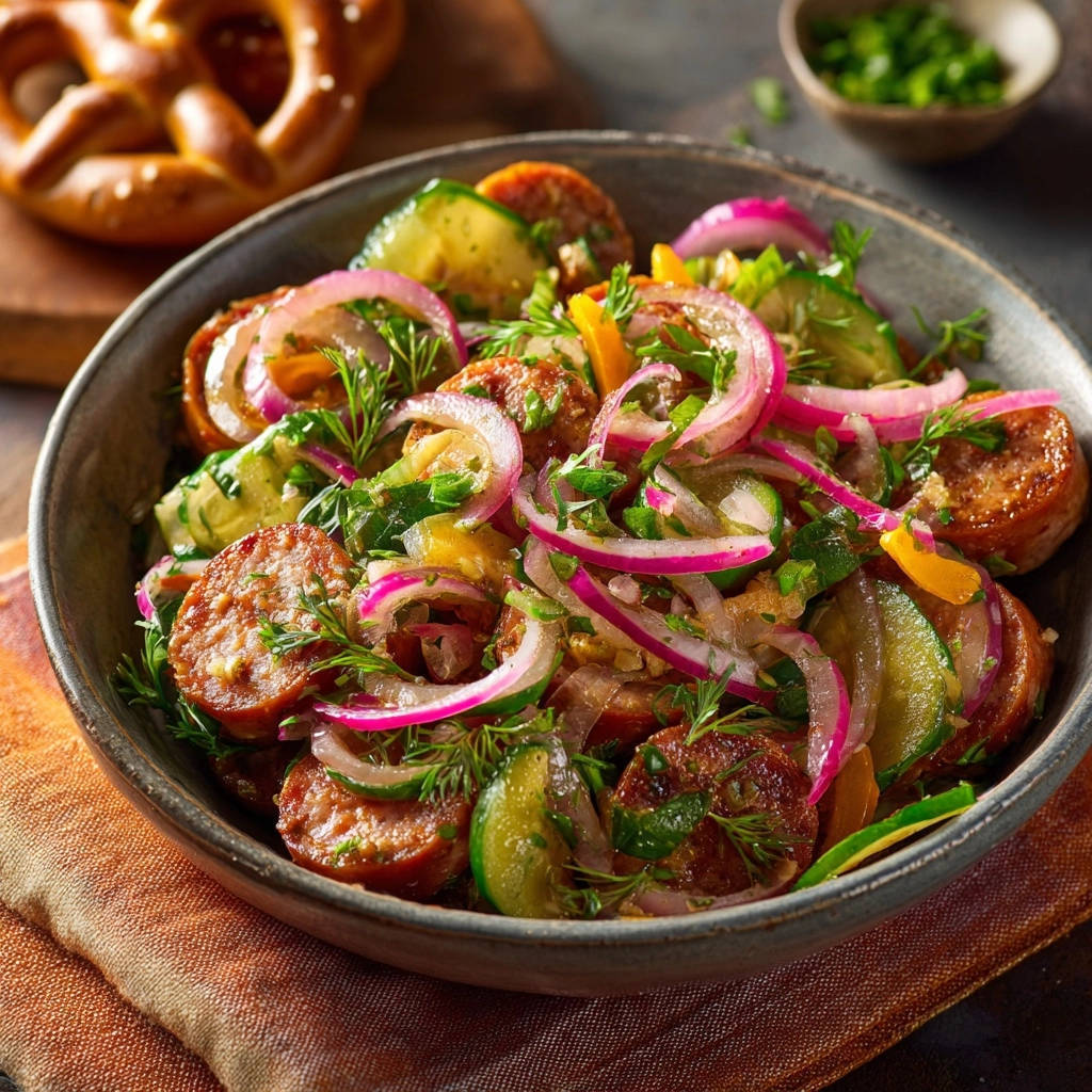 Herzhafter Wurstsalat mit Sommergemüse in Nahaufnahme, garniert mit frischen Kräutern und roten Zwiebelringen, serviert in einer rustikalen Schüssel.
