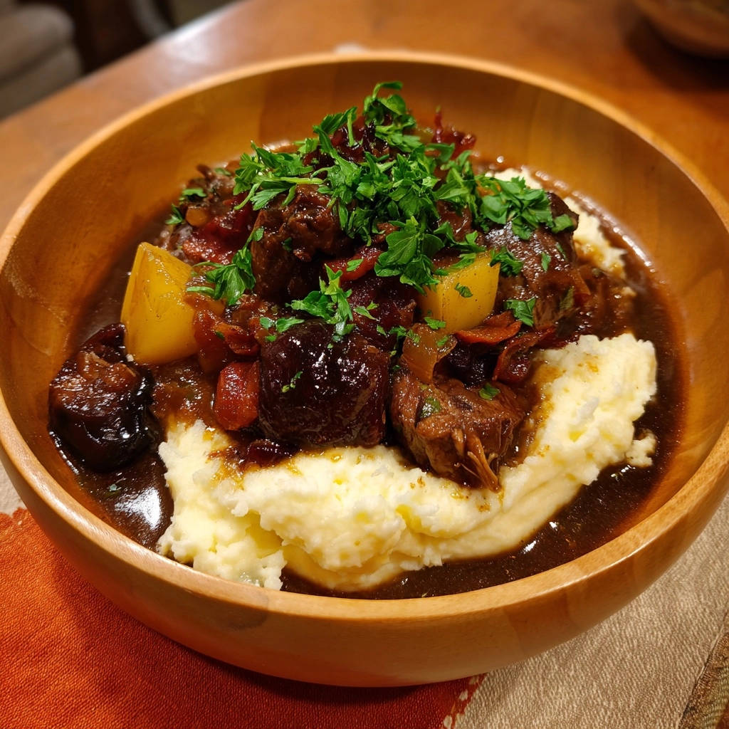 Herzhaftes Rindergulasch mit Cranberry und cremigem Kartoffelpüree serviert in einer Holzschüssel, garniert mit frischer Petersilie.