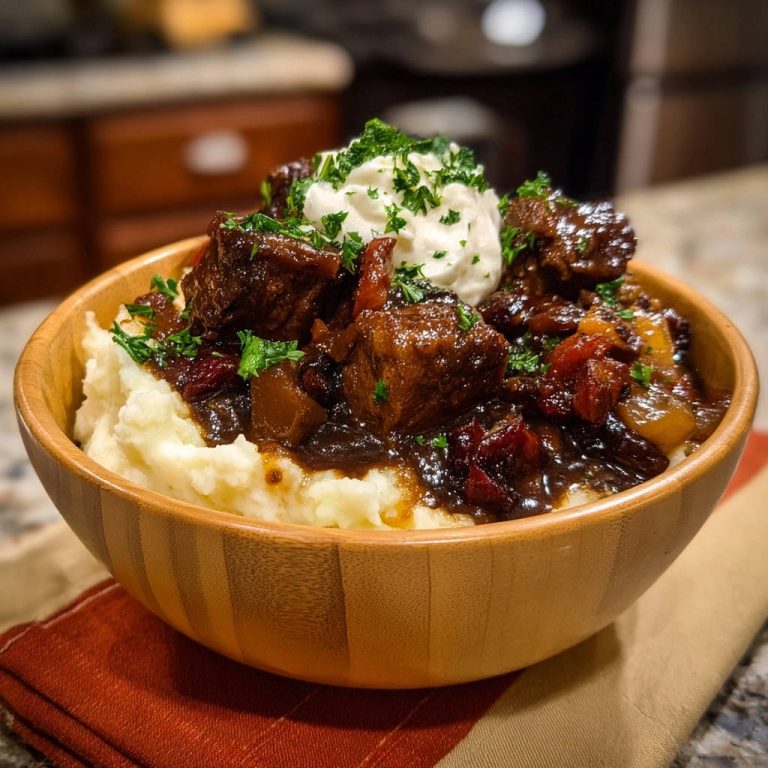 Herzhaftes Rindergulasch mit Cranberry, serviert in einer Holzschale. Das zarte Gulasch liegt auf cremigem Kartoffelpüree, garniert mit Kräutern und Sahne.