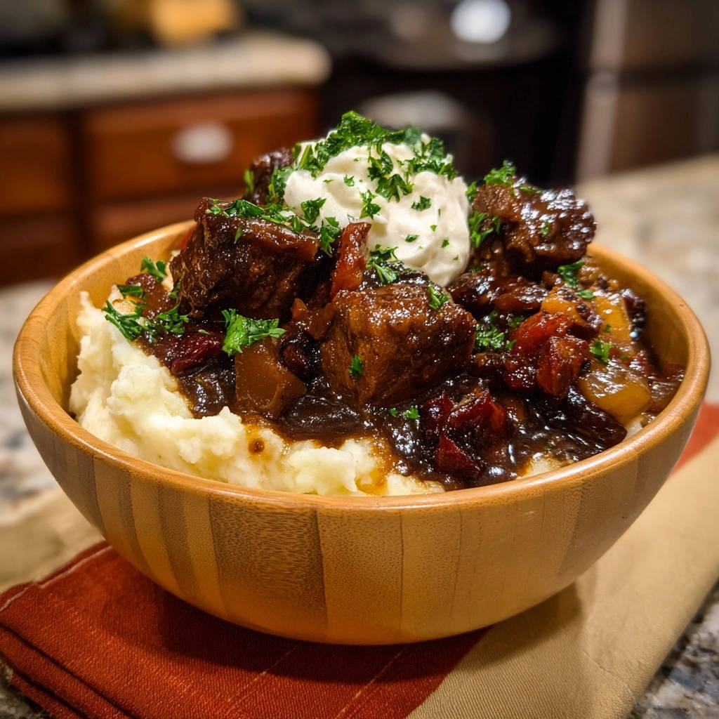 Herzhaftes Rindergulasch mit Cranberry, serviert in einer Holzschale. Das zarte Gulasch liegt auf cremigem Kartoffelpüree, garniert mit Kräutern und Sahne.