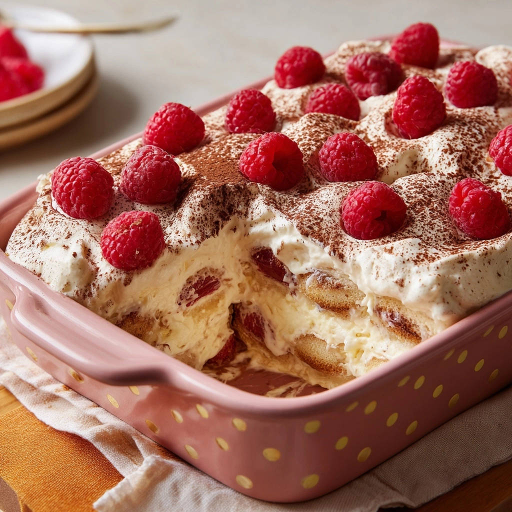 Himbeer Tiramisu Querschnitt Nahaufnahme 1 2 Himbeer-Tiramisu mit einem Anschnitt, der die cremigen Schichten und frischen Himbeeren zeigt, perfekt für den Genuss.